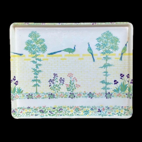 Other - Vintage French Pheasant Floral Fiberglass Tray Birds Brick Wall Cottagecore